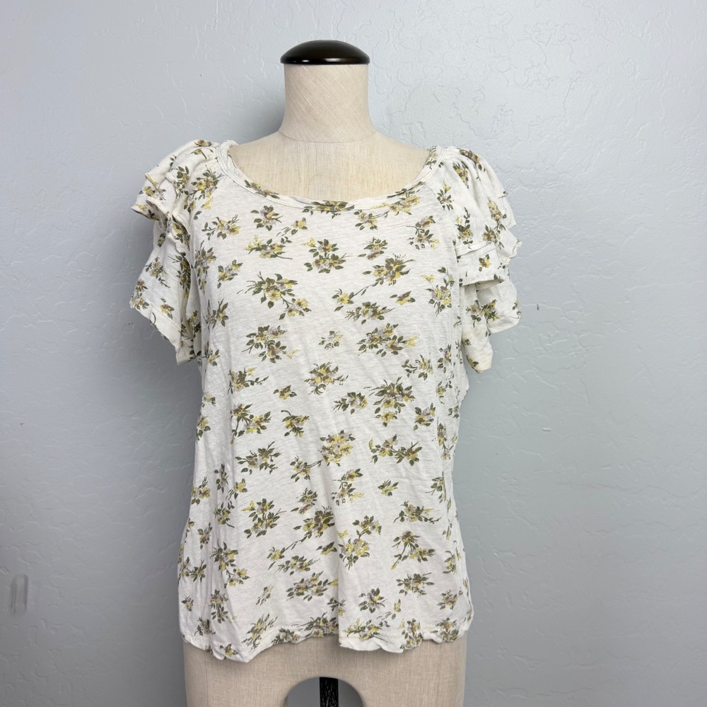 Current Elliott Floral Ruffle Sleeve T-Shirt Cream Yellow Size 0 XS